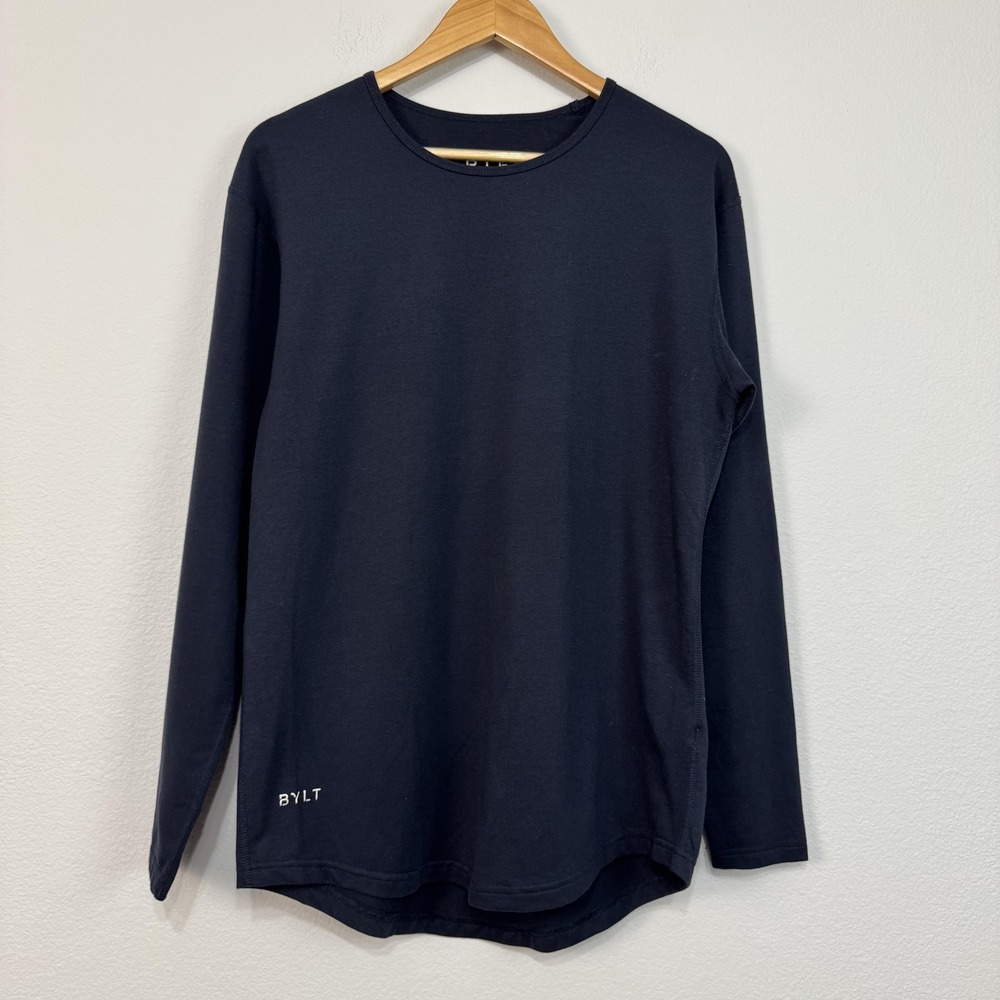 BYLT Drop Cut Long Sleeve‎ Shirt Mens Medium Navy Blue Stretch Athletic Tee